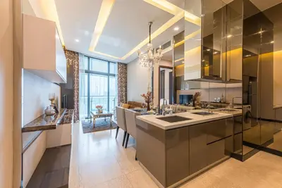 a kitchen with a large island in a room at Dorsett Residence Kuala Lumpur 14 in Kuala Lumpur