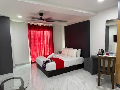 a bedroom with a bed and a red window at Prime Suite at Ampang - Individual Private Rooms in Kuala Lumpur