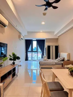 a living room with a ceiling fan and a table at Seputeh Cozy & Homely VIVO Suite Old Klang Road Near MidValley, The Garden Mall in Kuala Lumpur