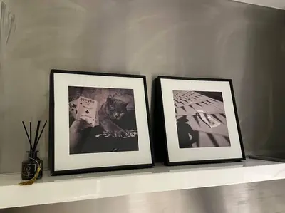 two framed pictures of a cat sitting on a shelf at M City Minimalist KLCC Suite in Kuala Lumpur