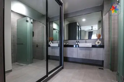 a bathroom with two sinks and a large mirror at The Pano @ Jalan Ipoh by Lily and Loft in Kuala Lumpur