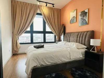 a bedroom with a large bed and a window at MVD15#Family Suite 8pax 3 Rooms Sunway Velocity Mall Cheras IKEA Mytown Short Walk to MRT & LRT Maluri in Kuala Lumpur