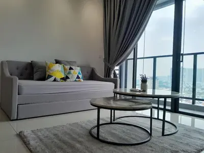 a living room with a couch and a table at 2Room 6pax 2 min to # Chan Sow Lin # TRX #Velocity #KLCC in Kuala Lumpur