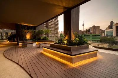 a building with benches and a view of a city at Axon Residence Bukit Bintang Kuala Lumpur By Apex in Kuala Lumpur
