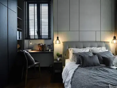 a bedroom with a bed and a desk and a chair at Kuala Lumpur Apartment at Opus Residence Near China Town and 118 Tower in Kuala Lumpur