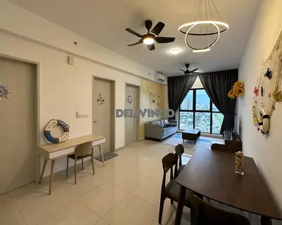 a dining room and living room with a table and chairs at Trion - KL - 2BR - 6pax - 15min to KLCC & TRX in Kuala Lumpur