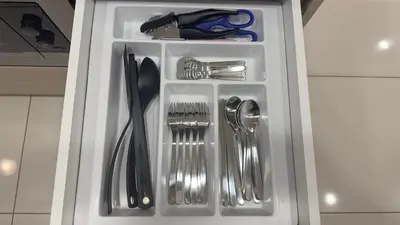 a white drawer with silver utensils in it at Extravagant Family-Biz Nest @ Robertson 30F in Kuala Lumpur