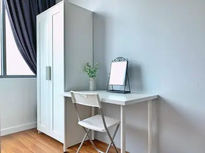 a white desk with a mirror and a chair at Mercu Summer Suites KLCC 2BR Pastel Rose in Kuala Lumpur