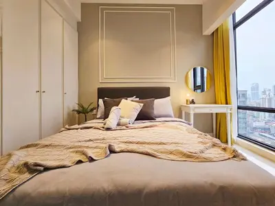 a bedroom with a large bed with a large window at Axon Suite Bukit Bintang 3Bed Room Suites ,5min Pavillion KL in Kuala Lumpur