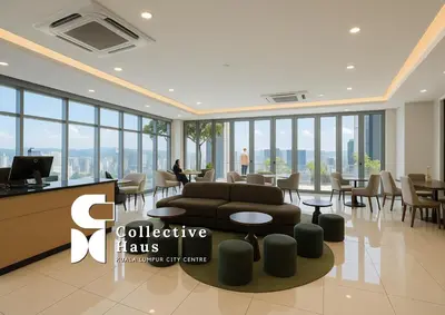 a lobby with a couch and tables and windows at Royce Residence KLCC Kuala Lumpur by Collective Haus in Kuala Lumpur