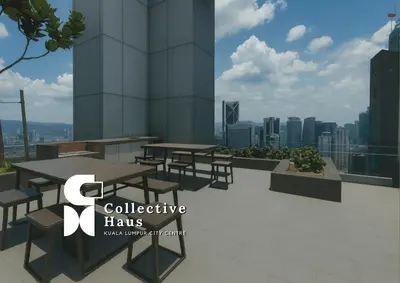 a group of tables and benches on the roof of a building at Royce Residence KLCC Kuala Lumpur by Collective Haus in Kuala Lumpur