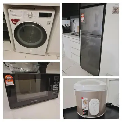 a collage of four pictures of a kitchen with a microwave at Designer Studio Arte Mont Kiara in Kuala Lumpur