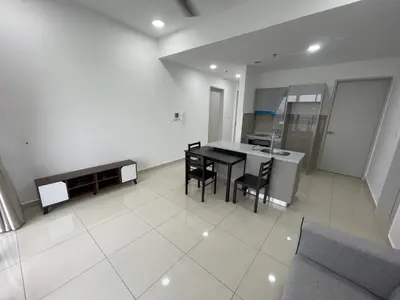 a kitchen and dining room with a table and chairs at Trion KL in Kuala Lumpur