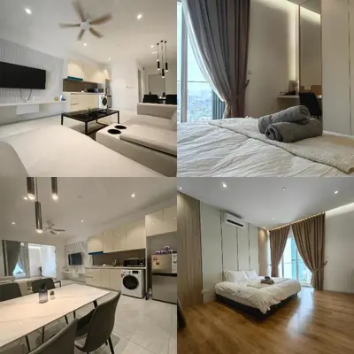 three different views of a bedroom and a living room at Quill Residences Suites KLCC By Dhome in Kuala Lumpur