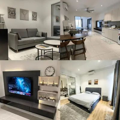 a collage of photos of a living room and a kitchen at Quill Residences Suites KLCC By Dhome in Kuala Lumpur
