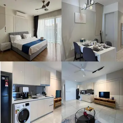 a collage of three pictures of a kitchen and a bedroom at Quill Residences Suites KLCC By Dhome in Kuala Lumpur