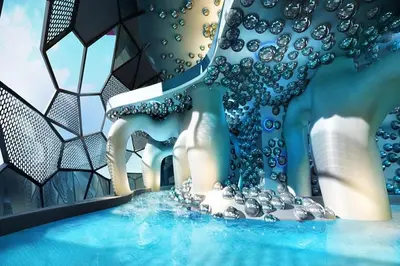 a blue vase sitting on top of blue water at Arte Plus Ampang KLCC City in Kuala Lumpur