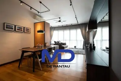 a living room with a table and a blue sign on it at Modern Studio @ Kuala Lumpur, Regalia Residence in Kuala Lumpur