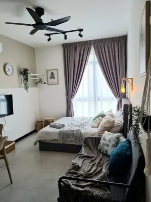 a bedroom with a bed and a ceiling fan at Studio Room near Gleneagles @ Embassy Row KLCC in Kuala Lumpur