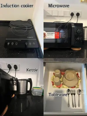 three pictures of a kitchen with a microwave and a box at KLCC VIEW,5 mins to KL TOWER in Kuala Lumpur