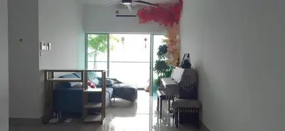 a living room with a couch and a glass door at Razak City Centre KL SkyView 45th in Kuala Lumpur