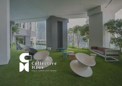a rendering of a lobby with tables and chairs at The Mews KLCC Kuala Lumpur by Collective Haus in Kuala Lumpur