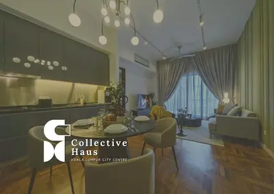 a kitchen and living room with a table and chairs at The Mews KLCC Kuala Lumpur by Collective Haus in Kuala Lumpur