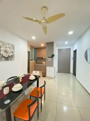 a living room with a dining table and a ceiling fan at CozyVista Setapak Central Mall 10Pax 3BR 2CarPark in Kuala Lumpur