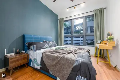 a bedroom with a blue bed and a window at 10 Mins to KL City - Modern Suite 6 Pax M Vertica in Kuala Lumpur