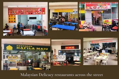 a collage of four pictures of a restaurant at Stunning Pool & the City Studio- 1 Mrt stop to TRX in Kuala Lumpur