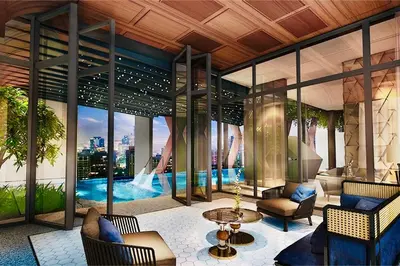 a living room with a view of a city at Scarletz suites klcc Bukit Bintang by lulu in Kuala Lumpur