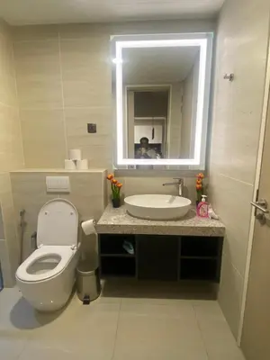 a bathroom with a toilet and a sink and a mirror at Eastern Suites Star KLcc in Kuala Lumpur