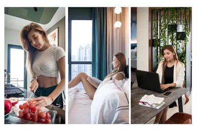 three pictures of a woman sitting at a table with a laptop at NowHere 2BR 4PAX with Balcony Reizz Jalan Ampang in Kuala Lumpur