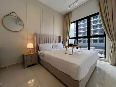 a bedroom with a bed with a mirror and a window at 2R2B Chan Sow Lin Trion 2 - 6 pax in Kuala Lumpur