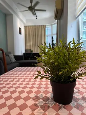 a potted plant sitting on a table in a living room at Parkview Service Apartment By Bonjour in Kuala Lumpur
