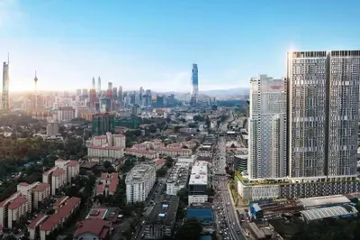 an aerial view of a city with tall buildings at Couple nest studio with KLCC view Balcony Trion A4309KL in Kuala Lumpur
