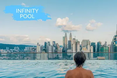a man sitting in a infinity pool overlooking a city at KL Infinity Pool Hostel in Kuala Lumpur