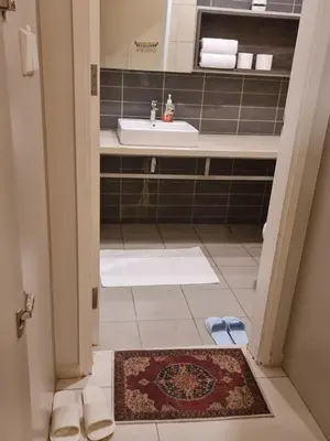 a bathroom with a sink and a mirror and a rug at The Robertson Residence Kuala Lumpur in Kuala Lumpur