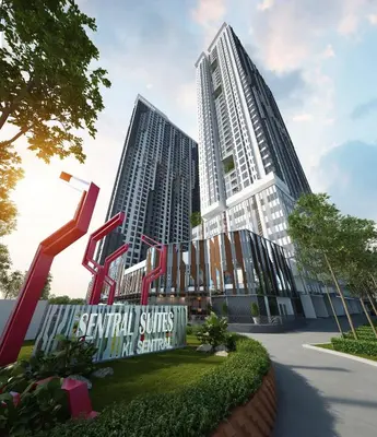 a rendering of two tall buildings with a sculpture at KL Sentral 28th Floor CityCenter in Kuala Lumpur
