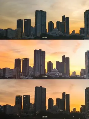 two pictures of a city skyline at sunset at Spacious 4BR condo near KLCC - Travel with MRT in Kuala Lumpur