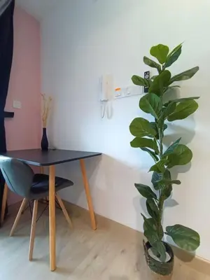 a table with a chair and a plant in a room at COL18B Modern Infinity Pool KLCC Balcony View in Kuala Lumpur