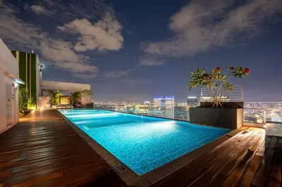 a swimming pool on the roof of a building at The Riv at Riveria City KL Sentral KLCC view16 in Kuala Lumpur