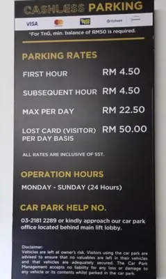 a menu for the car park help centre at Vortex KLCC Vibes in Kuala Lumpur