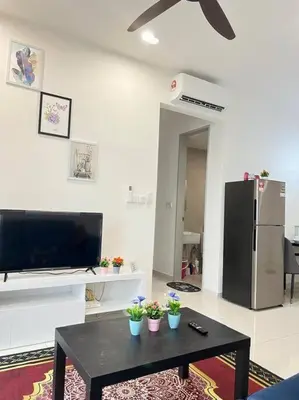 a living room with a black table and a refrigerator at Cozy Kenwingston Platz KL 2-5 Pax2BR&2BR Pakin Netflix 1306 in Kuala Lumpur