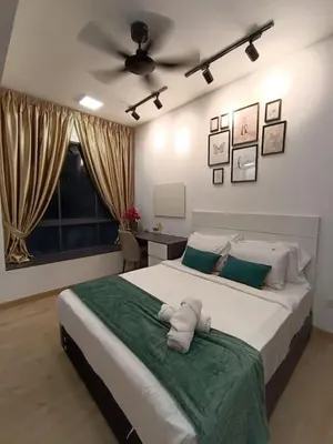 a bedroom with a large bed with a ceiling at COL 171B KLCC Balcony View & Infinity Pool in Kuala Lumpur