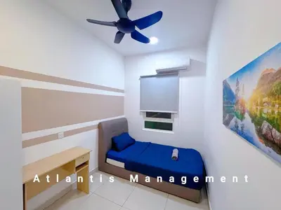 a bedroom with a blue bed and a ceiling fan at TR Residence Cozy & Luxury Apartment, Walking Distance MRT Titiwangsa & Nearby Titiwangsa Lake Garden in Kuala Lumpur