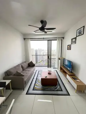 a living room with a couch and a ceiling fan at Cozy Kenwingston Platz KL 2-5 Pax2BR & 2BR FrePakin Netflix 3803 in Kuala Lumpur