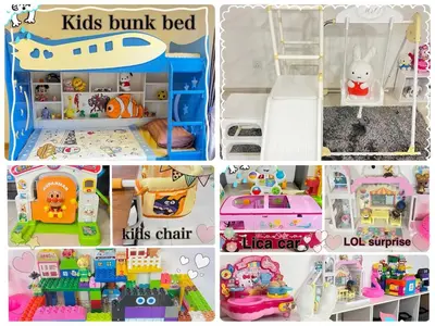 a collage of photos of toys in a kids bunk bedglers chair toys chart at EKO CHERAS mall kids play room Big sofa MRT 8 pex in Kuala Lumpur
