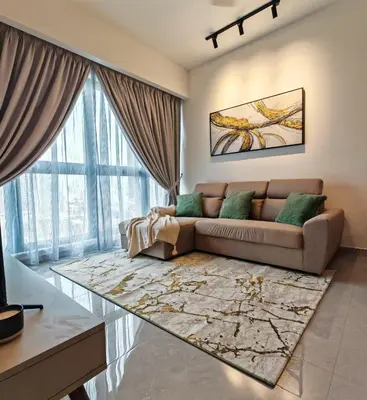 a living room with a couch and a large window at Central of KL 1-5px - 10 mins TRX and Bukit Bintang in Kuala Lumpur