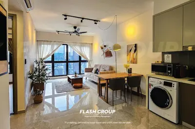a kitchen and a living room with a table at Agile Bukit Bintang Premium Suites at KLCC in Kuala Lumpur